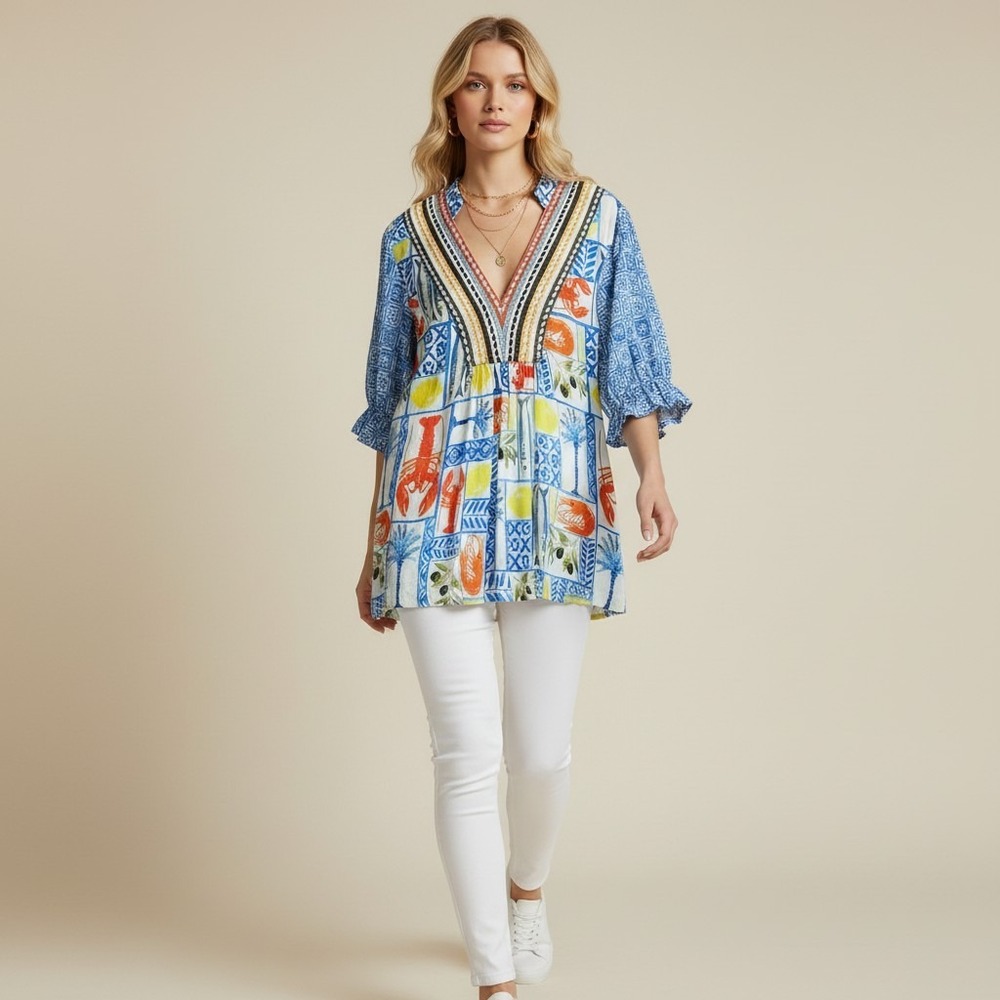 Bl^nk London Tunic Top Womens Large Stephanie Lobster Lemon Mediterranean Tile